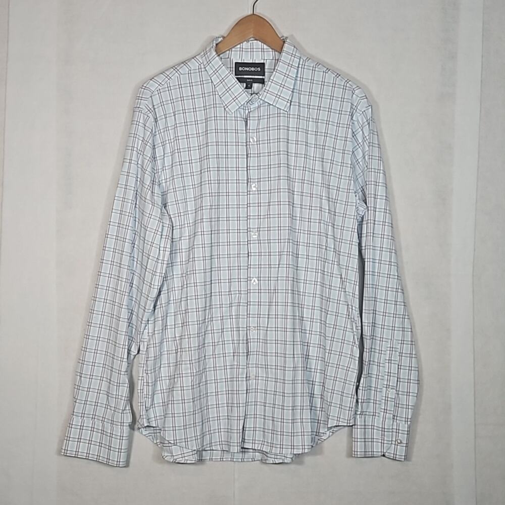 Bonobos Men's Tech Button Down Shirt Slim Fit XL Pink Blue Plaid Nylon Stretch